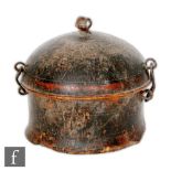 A 19th Century Tibetan bretel nut box, the painted wooden circular box, with primative metal hinge