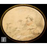 ATTRIBUTED TO GEORGE MORLAND (1763-1804) - A shepherd with his dog, coloured chalk drawing, oval,