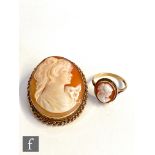 A modern 9ct hallmarked cameo brooch and ring both with a profile of a classical woman, total weight