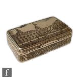 A Russian silver cushioned rectangular snuff box with neillo work building to the hinged cover and a