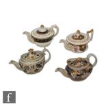 Four 19th Century Staffordshire teapots to include an example decorated with gilt mythical beasts