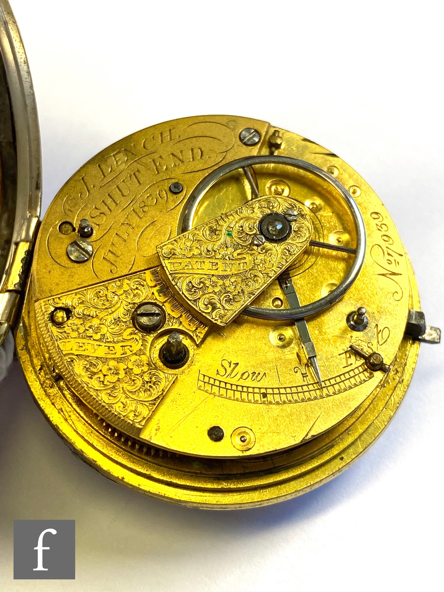 A hallmarked silver open faced, key wind, open faced pocket watch, gilt Roman numerals to a engine - Image 4 of 4