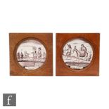 Two framed plastic clay tiles in the 18th Century style, each decorated in manganese with biblical