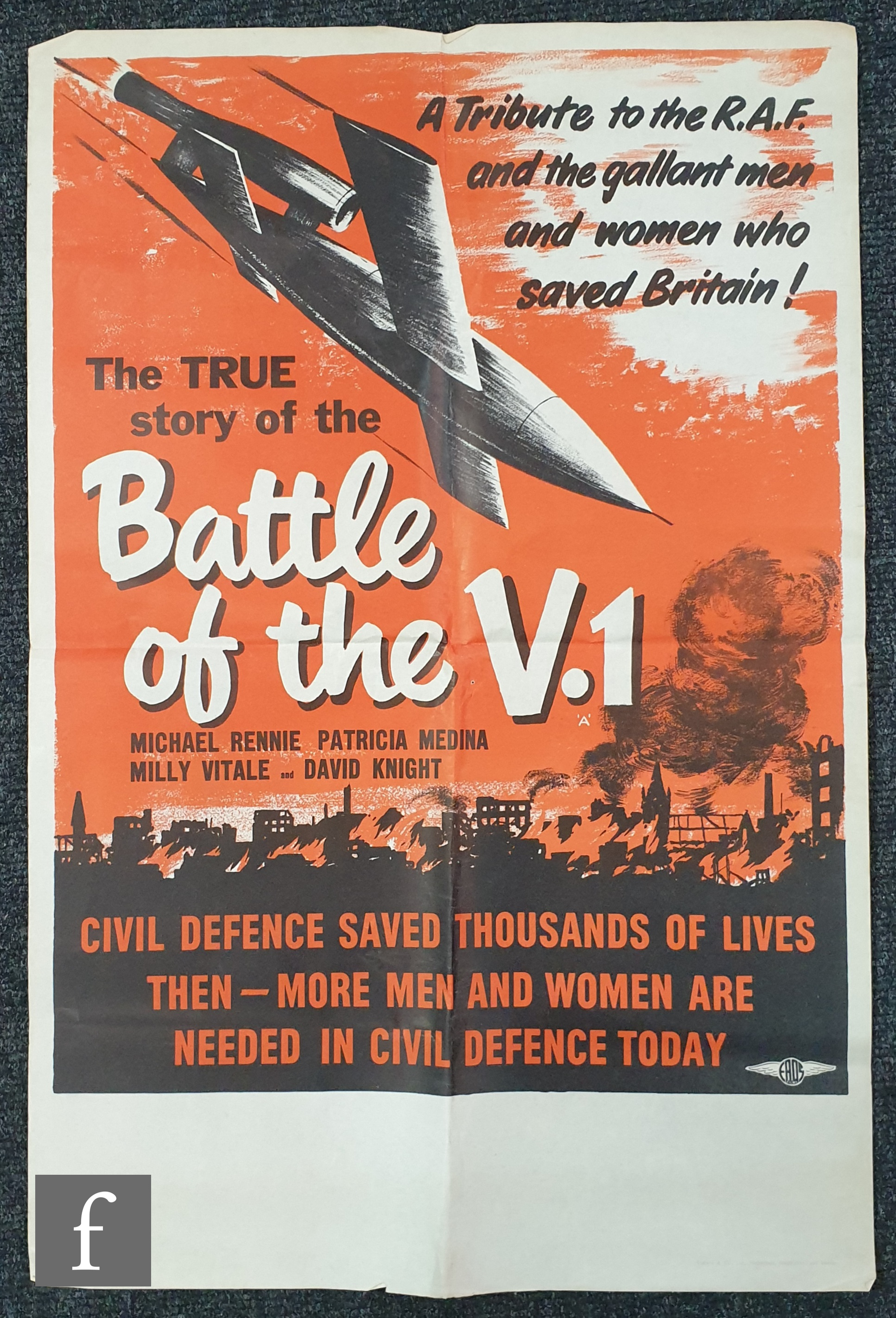 A Battle of the V-1 (1958) UK Double Crown film poster, printed by Stafford & Co., folded.