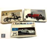 Three Bandai 1:16 scale plastic model kits, all cars, No. 3405 Itala (started), Ford GT40 (started),