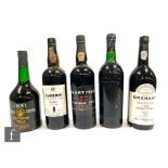 A bottle of 1984 Grahams vintage port, a bottle of 1980 Sandemans port, a bottle of Martinez and two