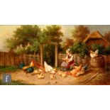 ENGLISH SCHOOL (LATE 19TH CENTURY) - A little girl feeding her chickens, oil on board, signed