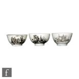 Three 18th Century Worcester teabowls each decorated with black and white transfer decoration, the