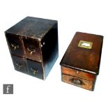 An early 20th Century stained beech bank or chest of four drawers, possibly for tea or spices,