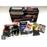 A Nintendo Entertainment System (NES) Action Set, comprising console, two control pads, Zapper light