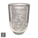 Steuben - A large 1930s Art Deco clear crystal vase of footed cylindrical form engraved decorated