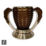 Pierre D'Avesn - A 1930s glass, chrome and rosewood trophy vase with a chrome plated stepped