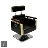 Unknown - A barber's swivel chair, upholstered in black and white vinyl with adjustable back and