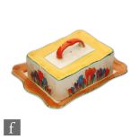 Clarice Cliff - Crocus -A covered butter dish circa 1929 hand painted with crocus sprays with brown,