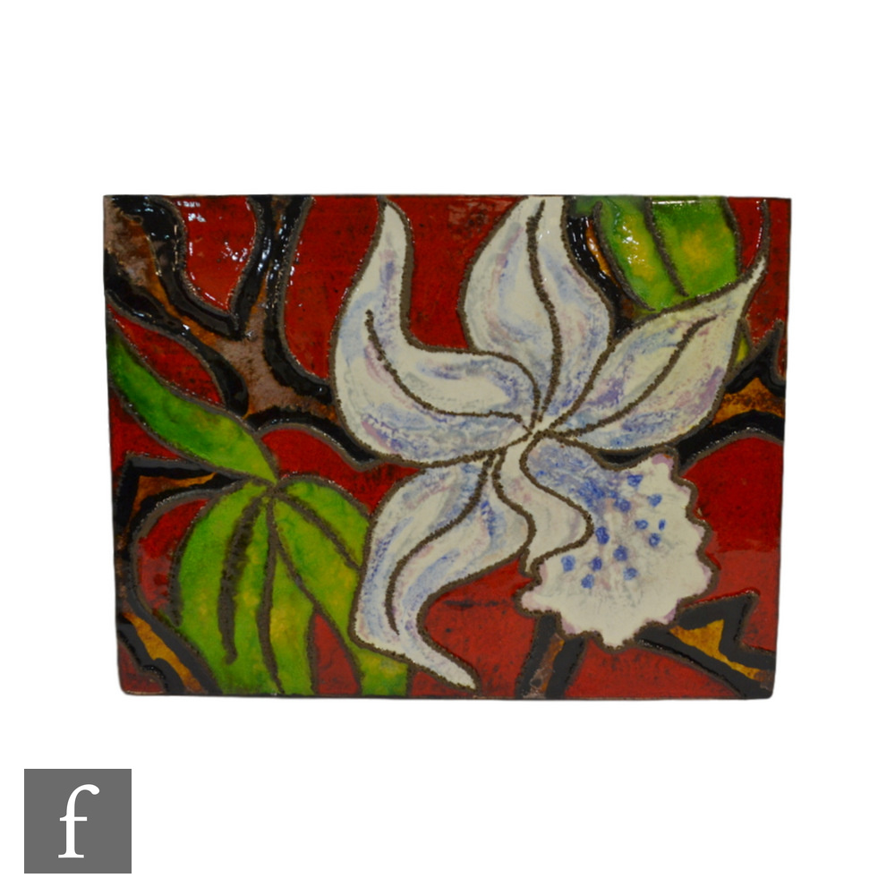 Ruscha - A 1960s German Fat Lava plaque of rectangular form decorated with a glaze pool white lily