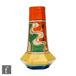 Clarice Cliff - Sunrise - A shape 17 vase of shouldered hexagonal form, hand painted with panels