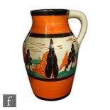 Clarice Cliff - Orange Trees & House - A single handled Lotus Jug circa 1930, hand painted with a