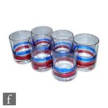Gio Ponti - Venini - A set of six Italian Murano large glass tumblers decorated with red and blue