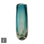 Catherine Hough - A contemporary studio glass vase of tapered tri-form with a graduated pale blue to