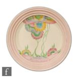 Clarice Cliff - Pink Pearls - A large circular ribbed rim plate circa 1936 hand painted in the