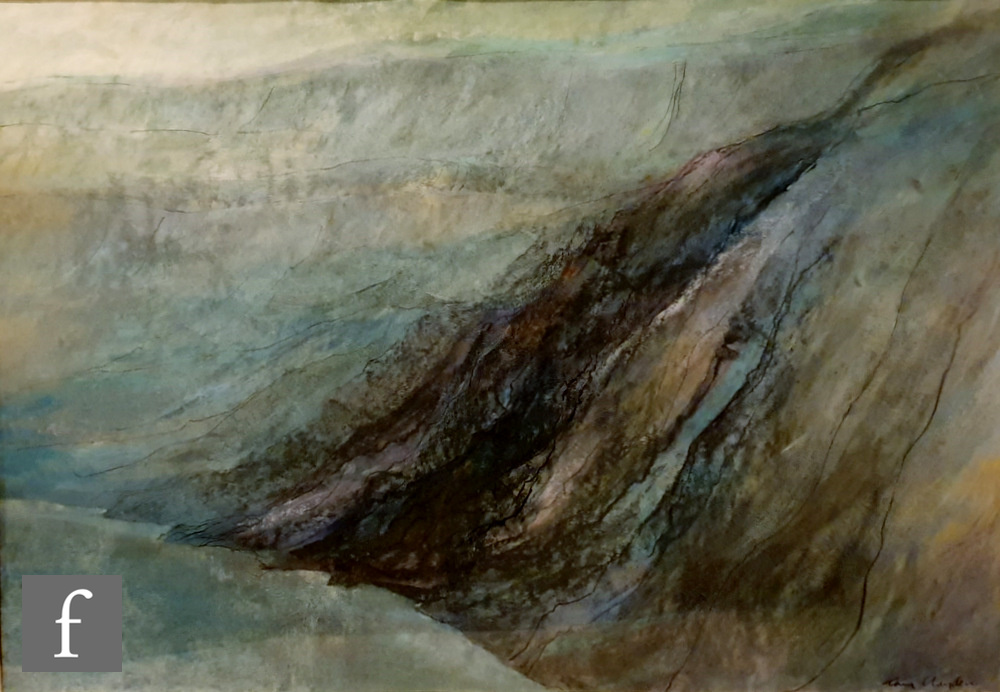 Tony Clayden (Contemporary) - An extensive mountainous landscape, ink and pastel drawing, signed,