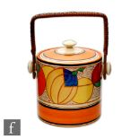 Clarice Cliff - Melon A Hereford shape biscuit barrel circa 1930 hand painted with a band of