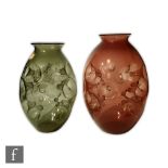 Unknown - A small German post war olive green glass vase of ovoid form with an everted rim decorated