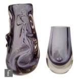 Whitefriars - Two lilac vases, a Knobbly range vase designed by William Wilson and Harry Dyer,
