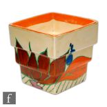 Clarice Cliff - Orange Lily ? A shape 368 fern pot of square stepped form hand painted with a