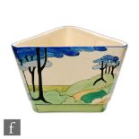 Clarice Cliff - Blue Firs - A shape 499 vase circa 1933 of triangular form hand painted with a