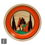 Clarice Cliff - Trees & House - A circular side plate circa 1930 hand painted with a stylised tree