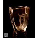 Lars Kjellander - A post war glass vase of tapering rectangular form engraved with a female nude