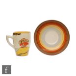 Clarice Cliff - Coral Firs - A Lynton shape coffee cup and saucer circa 1933 hand painted with a
