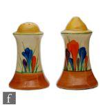 Clarice Cliff - Crocus - A pair of Muffiner salt and pepper shakers circa 1930, hand painted with