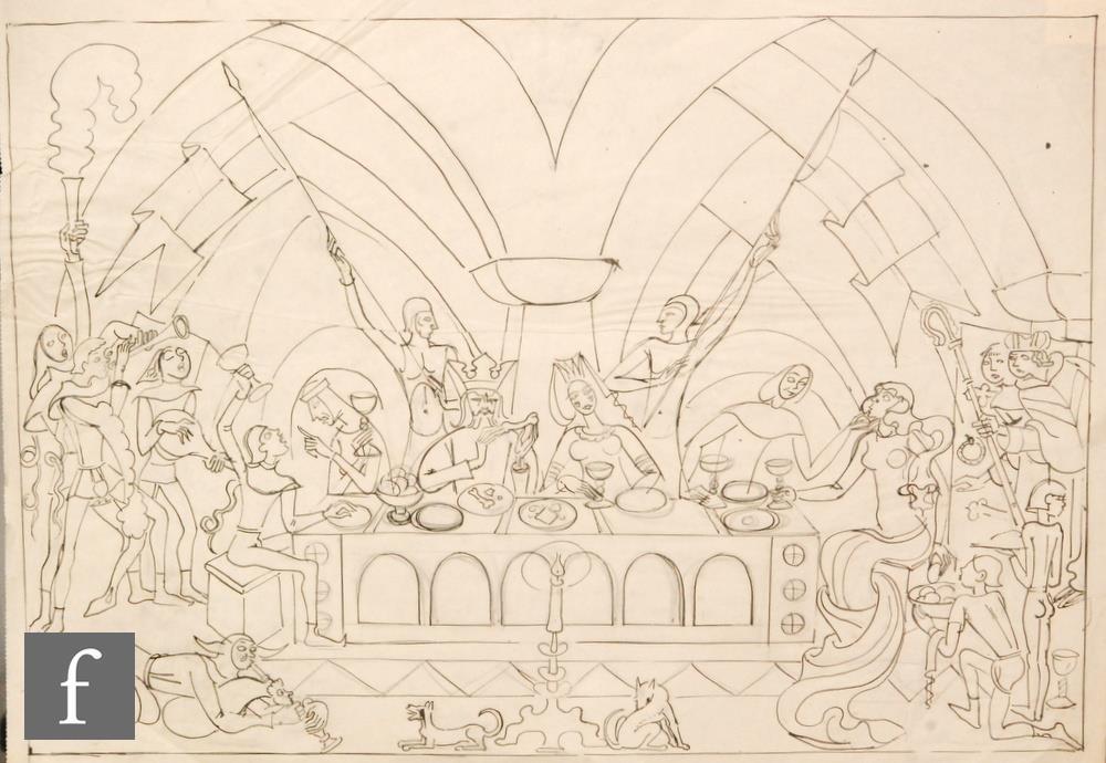 Albert Wainwright (1898-1943) - Medieval banquet, a stage design, pencil and ink drawing,