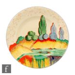 Clarice Cliff - Patina Garden - A 9 inch plate circa 1933, hand painted with a stylised landscape