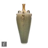 Bridget Drakeford - A contemporary studio pottery vase of slender form glazed in a mottled green