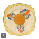 Clarice Cliff - Autumn Crocus - A Leda shape plate circa 1930 radially hand painted with Crocus