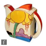 Clarice Cliff - Summerhouse - A Stamford shape teapot circa 1931, hand painted with a stylised