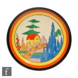 Clarice Cliff - Orange Roof Cottage - A 13in wall plaque circa 1935, hand painted with a stylised