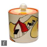Clarice Cliff - House & Bridge - A drum shape preserve pot circa 1931 hand painted with a stylised