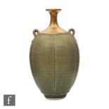 Bridget Drakeford - A contemporary studio pottery vase of gourd form glazed in a mottled green