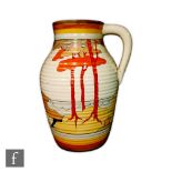 Clarice Cliff - Coral Firs - A single handled Lotus jug circa 1933, hand painted with a stylised