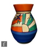 Clarice Cliff - Sunray Leaves - A shape 360 vase circa 1929, hand painted with panels of abstract