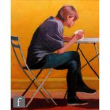 Mary Villa (Contemporary) - Woman sitting at a cafe table, acrylic on board, signed, framed, 50cm