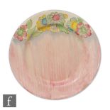 Clarice Cliff - Unrecorded pattern - A circular plate circa 1938, hand painted with a band of