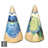 Clarice Cliff - Delecia Pansies - Conical salt and pepper pots circa 1933, hand painted with flowers