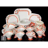 Eric Slater - Shelley - A 1930s Art Deco Vogue Orange J pattern tea set comprising teapot, A/F, milk