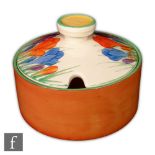 Clarice Cliff - Crocus - A Bon Jour shape preserve dish and cover circa 1933, hand painted lid