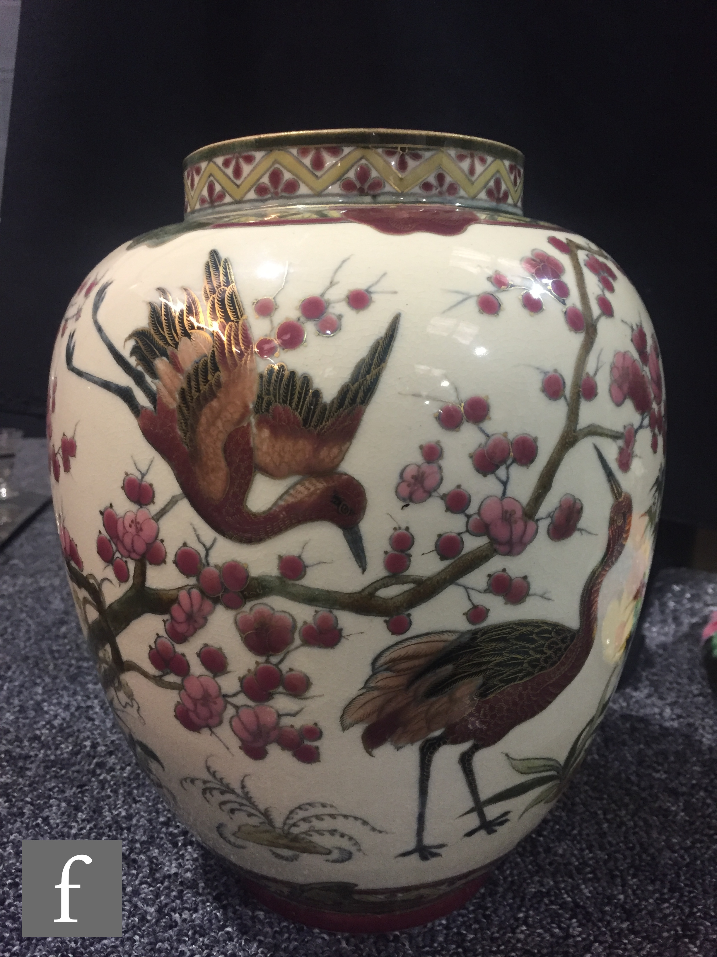 Zsolnay Pecs - An early 20th Century Aesthetic vase of swollen ovoid form decorated with crane - Image 2 of 7